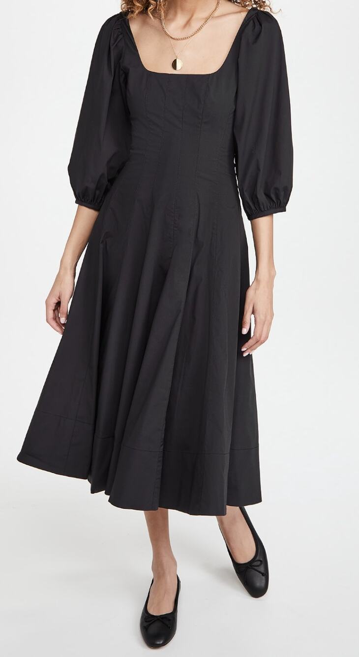 STAUD Swells Black Stretch Poplin Cotton Square Neck Midi Dress Women's Size 10